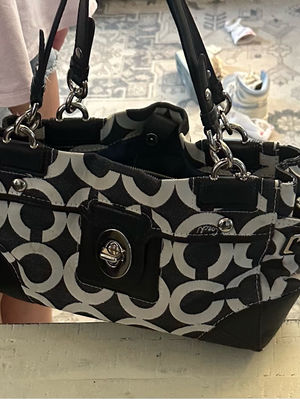 Coach Black & White Signature Turnlock Tote with Chain Handles